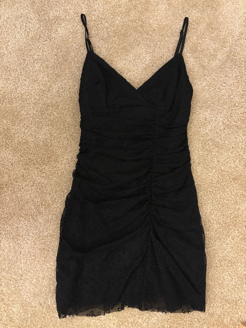 Black eyelet ruched dress